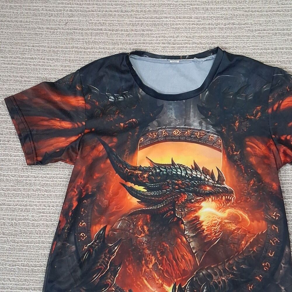 FIRE DRAGON GRAPHIC ALL OVER PRINT T SHIRT MEN SHORT SLEEVE ATHLETIC MESH TOP - Picture 7 of 15